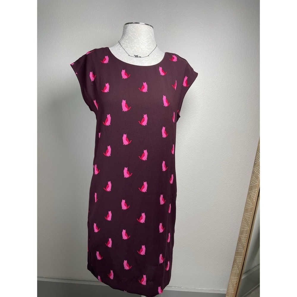 LOFT Womens S Purple Cat Print Shift Dress Whimsical Mod Pockets Polyester